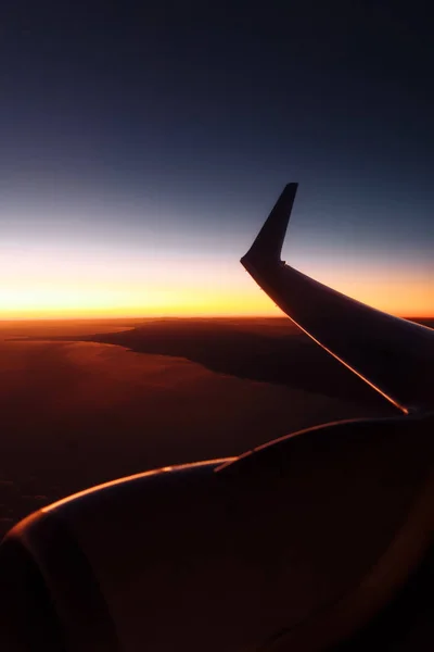 Beautiful View Airplane Window Wing Sunset Sunrise Time Flying Clouds — Stock Photo, Image