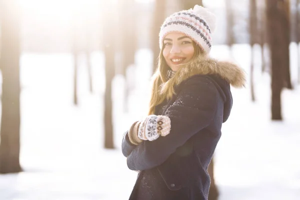 Portrait Young Beautiful Girl Long Hair Blue Jacket Knitted Hat — Stock Photo, Image