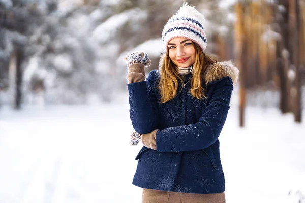 Portrait Young Beautiful Girl Long Hair Blue Jacket Knitted Hat — Stock Photo, Image