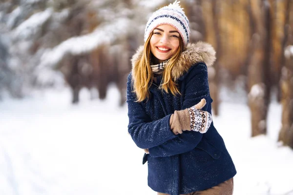 Portrait Young Beautiful Girl Long Hair Blue Jacket Knitted Hat — Stock Photo, Image