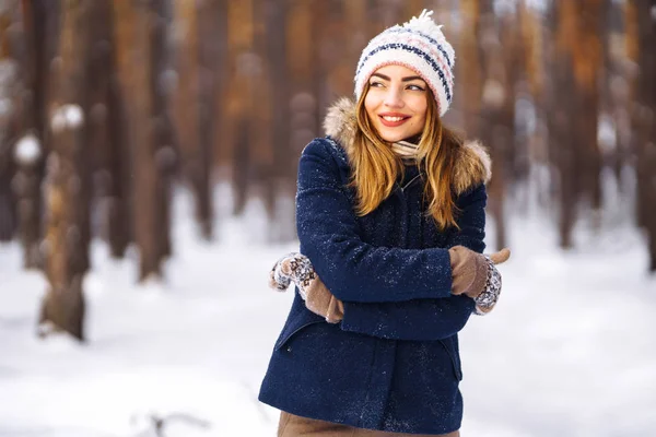 Portrait Young Beautiful Girl Long Hair Blue Jacket Knitted Hat — Stock Photo, Image