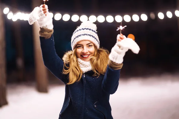 Cheerful Young Woman Holding Sparkler Hand Winter Forest Happy Cute — ストック写真