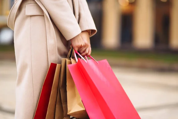 Sacs Provisions Dans Les Mains Main Jeune Femme Avec Sacs — Photo