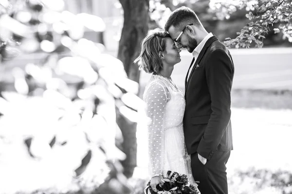 Krásná Černobílá Fotografie Nevěsty Ženicha Šťastný Pár Pózuje Usmívá Svatebních — Stock fotografie