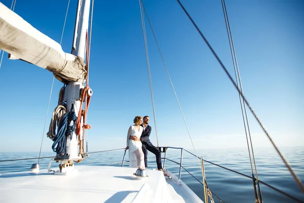 Beautiful Wedding Couple Yacht Wedding Day Outdoors Sea Beautiful Elegant Stock Image