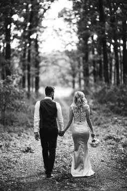 Yeni evliler, ormanda yol boyunca el ele yürür. Siyah ve beyaz. Arkadan bak. Gelin ve damat düğün günü romantik anın tadını çıkarıyorlar. Gençlik, aşk ve yaşam tarzı kavramı