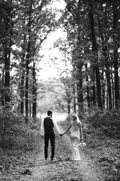 Foto Preto Branco Recém Casados Caminham Mãos Dadas Longo Caminho — Fotografia de Stock