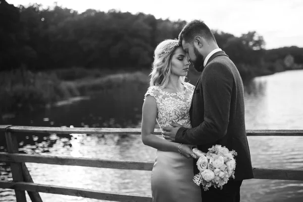 Foto Preto Branco Casal Elegante Recém Casados Posando Uma Ponte — Fotografia de Stock