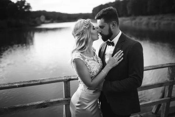 Bianco Nero Foto Elegante Coppia Sposi Posa Ponte Giorno Del — Foto Stock