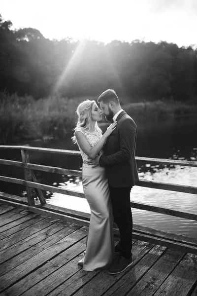 Foto Preto Branco Casal Elegante Recém Casados Posando Uma Ponte — Fotografia de Stock