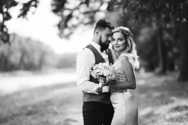 Gelin ve damadın şehvetli siyah beyaz foto 'su. Yeni evli çiftimiz düğün günlerinde parkta poz veriyormuş. Yakışıklı sakallı damat güzel gelini takdir eder ve öper. Birlikte.