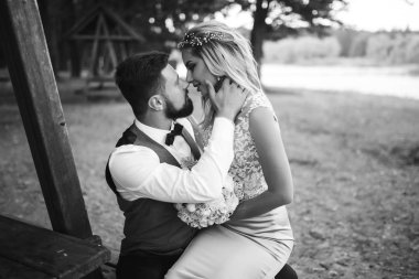 Gelin ve damadın şehvetli siyah beyaz foto 'su. Yeni evli çiftimiz düğün günlerinde parkta poz veriyormuş. Yakışıklı sakallı damat güzel gelini takdir eder ve öper. Birlikte.