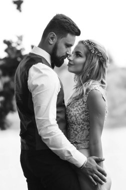 Gelin ve damadın şehvetli siyah beyaz foto 'su. Yeni evli çiftimiz düğün günlerinde parkta poz veriyormuş. Yakışıklı sakallı damat güzel gelini takdir eder ve öper. Birlikte.