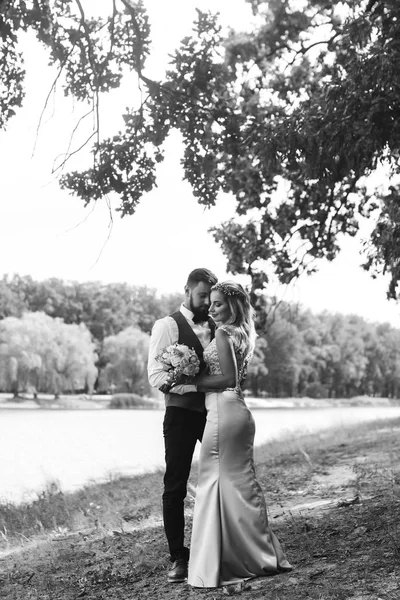 Sensual Black and white foto of bride and groom. Stylish couple of happy newlyweds posing in the park on their wedding day. Handsome bearded groom admires and kisses pretty bride. Together.