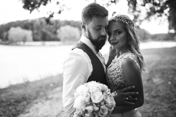 Sensual Black and white foto of bride and groom. Stylish couple of happy newlyweds posing in the park on their wedding day. Handsome bearded groom admires and kisses pretty bride. Together.