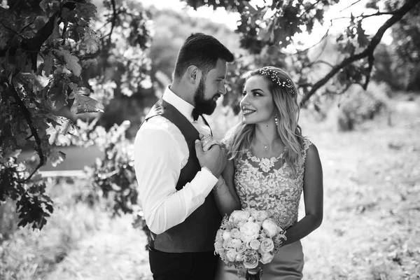 Sensual Black White Foto Bride Groom Stylish Couple Happy Newlyweds — Stock Photo, Image