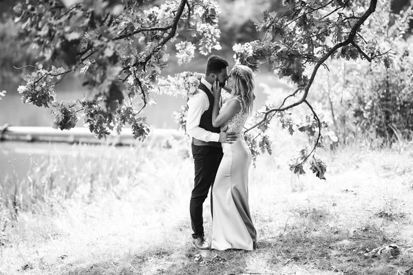 Sensual Black and white foto of bride and groom. Stylish couple of happy newlyweds posing in the park on their wedding day. Handsome bearded groom admires and kisses pretty bride. Together.