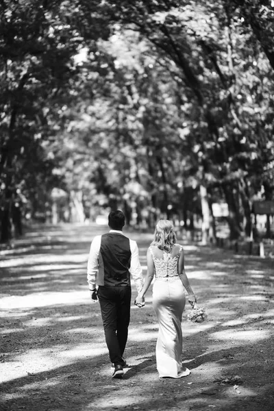 Sensual Black and white foto of bride and groom. Stylish couple of happy newlyweds posing in the park on their wedding day. Handsome bearded groom admires and kisses pretty bride. Together.