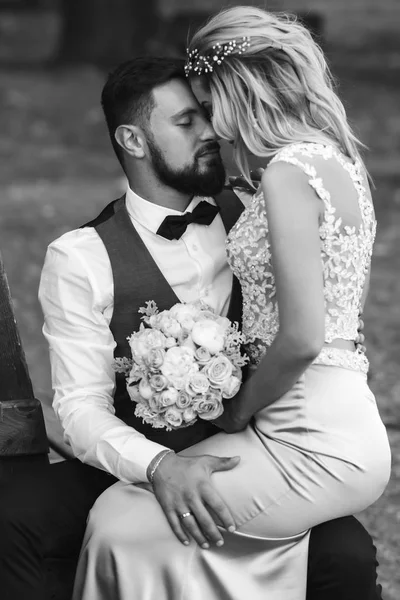 Sensual Black White Foto Bride Groom Stylish Couple Happy Newlyweds — Stock Photo, Image