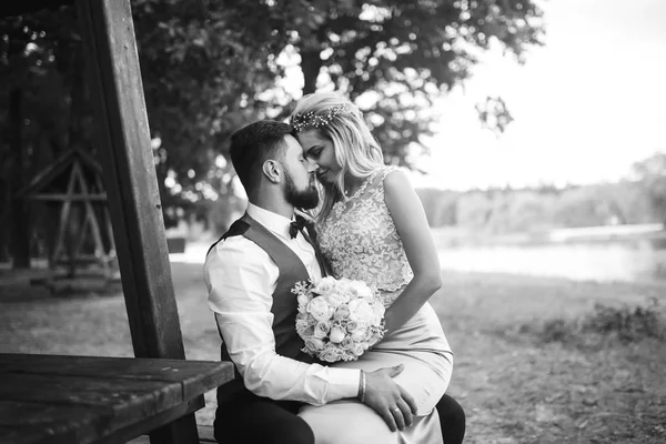 Smyslné Černobílé Foto Nevěsty Ženicha Stylový Pár Šťastných Novomanželů Pózujících — Stock fotografie