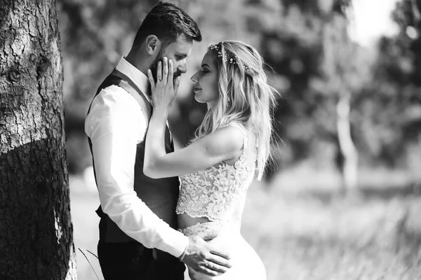 Sensual Black White Foto Bride Groom Stylish Couple Happy Newlyweds — Stock Photo, Image