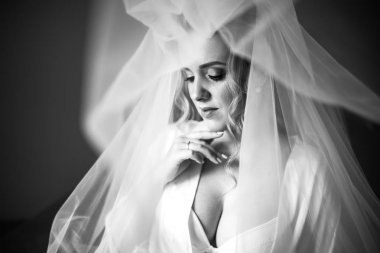 Bir duvağın altındaki gelinin güzel siyah beyaz portresi. Profesyonel makyajlı ve saç stili olan zarif bir kadın. Mutlu yeni evli kadın. Gelinin sabahı. Düğün günü. Evlilik.. 