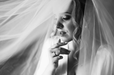 Bir duvağın altındaki gelinin güzel siyah beyaz portresi. Profesyonel makyajlı ve saç stili olan zarif bir kadın. Mutlu yeni evli kadın. Gelinin sabahı. Düğün günü. Evlilik.. 