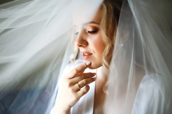 Portrait Beautiful Bride Fashion Veil Wedding Morning Photo Delicate Bride — Stock Photo, Image