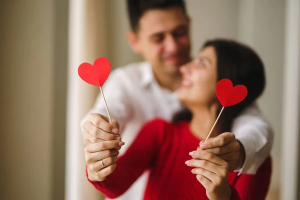 Young Cheerful Couple Love Holding Red Hearts Eyes Smiling Happy — Stock Photo, Image