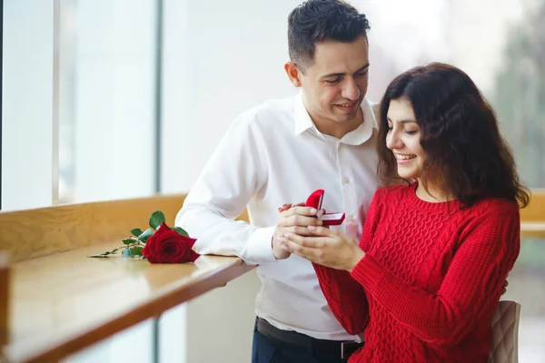 Handsome Man Proposing Beautiful Woman Marry Him Restaurant Surprised Attractive — 스톡 사진