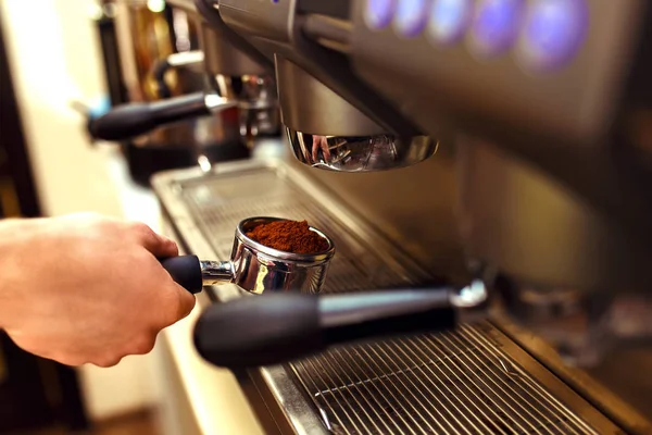 Barista cafe making coffee. Coffee machine preparing fresh coffee and pouring into cups at restaurant, bar or pub. Professional coffee brewing. Preparation service concept.