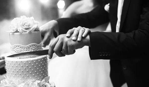 Black and white photo of couple hands cutting wedding cake. Happy bride and a groom is cutting their beautiful wedding cake on wedding banquet. Wedding and celebration concept.