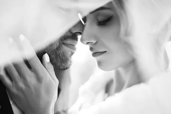 Harika gülümseyen düğün çifti siyah beyaz foto. Güzel gelin ve şık damat uçan bir duvağın gölgesinde nazikçe poz veriyor ve öpüyor. Romantik bir an. Birlikte. Düğün için. Evlilik..