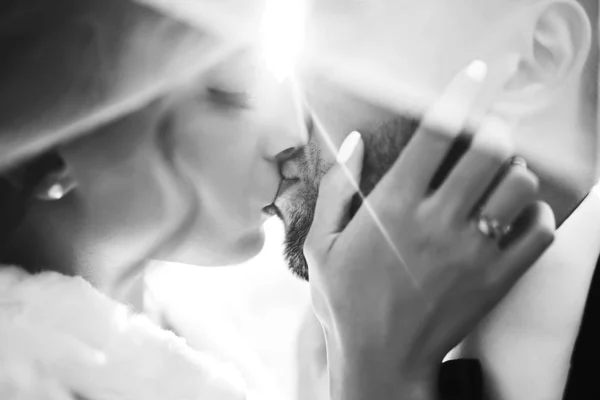一对迷人的笑容满面的新婚夫妇的黑白照片 漂亮的新娘和时髦的新郎在飘扬的面纱的阴影下优雅地做手势和亲吻 浪漫的一刻 在一起 — 图库照片