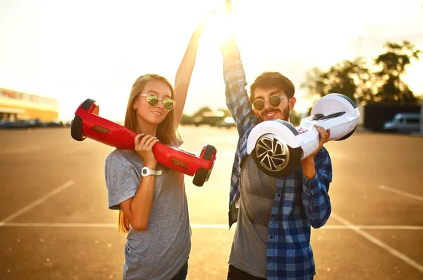 Happy Man Woman Riding Hoverboard Relaxing Time Together Outdoor City — Stock Photo, Image