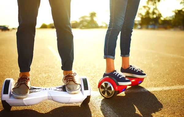 Legs Man Woman Riding Hoverboard Relaxing Time Together Outdoor City — Stock Photo, Image