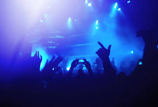 携帯電話のレコードライブ音楽祭で手 公演中にスマートフォンで写真を撮る人たち 観客は手を挙げて踊り コンサートを楽しんでいます — ストック写真