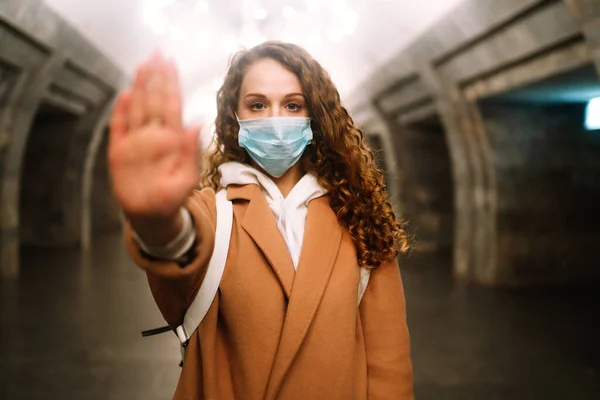 Girl Protective Sterile Medical Mask Her Face Empty Subway Station — Stock Photo, Image