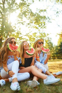 Üç güzel genç kız birlikte eğleniyor ve sıcak yaz gününde karpuz yiyorlar. Arkadaşları bir dilim karpuz tutuyor ve parkta poz veriyorlar. Yaz konsepti.