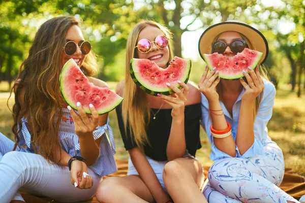 3人の美しい若い女の子が一緒に楽しみ 暑い夏の日にスイカを食べています 友人はスイカのスライスを保持し 公園にポーズ 夏のコンセプト — ストック写真