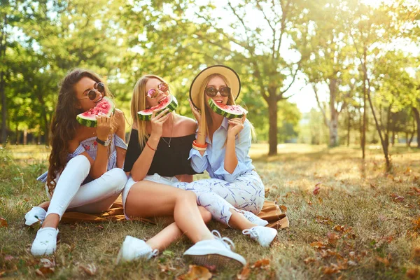 3人の美しい若い女の子が一緒に楽しみ 暑い夏の日にスイカを食べています 友人はスイカのスライスを保持し 公園にポーズ 夏のコンセプト — ストック写真