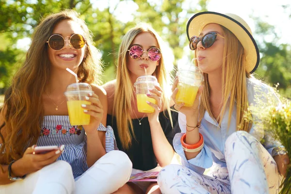 Três Lindas Garotas Divertem Juntas Bebem Suco Frutas Frescas Dia — Fotografia de Stock