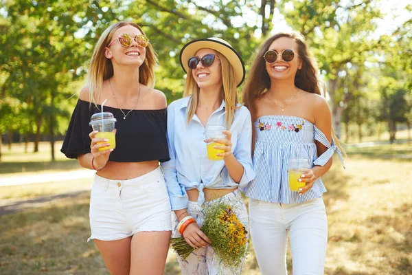 Três Lindas Garotas Divertem Juntas Bebem Suco Frutas Frescas Dia — Fotografia de Stock