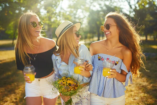 Three beautiful young girls have fun together and drink fresh fruit juice in  hot summer day. Friends enjoying orange juice and  posing against the backdrop of the park. Summer concept.