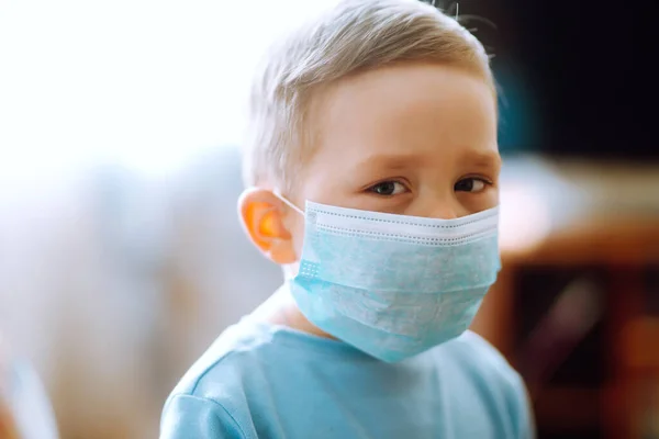 Little Boy Wearing Protective Sterile Medical Mask Child Wearing Face — Stock Photo, Image