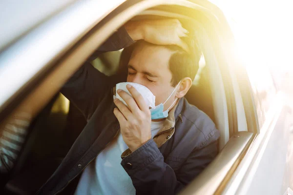 Young Man Coughing Sneezing Handkerchief While Driving Car Concept Preventing — Stock Photo, Image