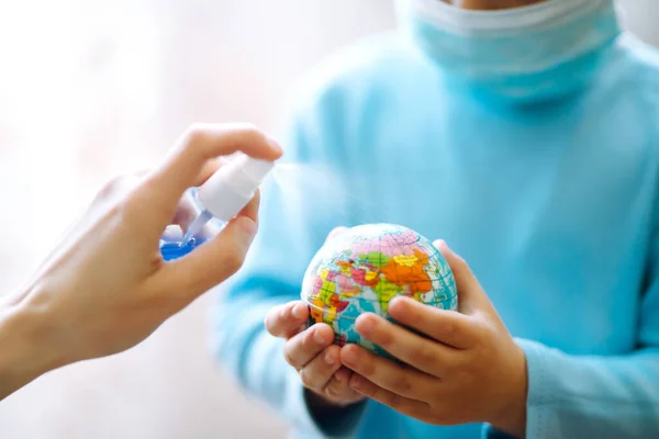 Planet Sterilization Child Protective Sterile Medical Mask Holding World Globe — Stock Photo, Image