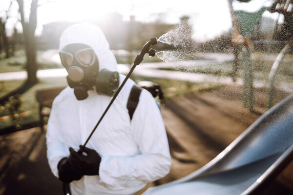Cleaning and Disinfection the playground with spray chemicals to preventing the spread of the epidemic of coronavirus, pandemic in quarantine city. Covid-19.