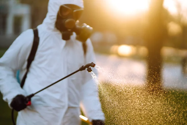 Desinfección Lugar Público Amanecer Ciudad Cuarentena Prevención Infecciones Control Epidemias — Foto de Stock