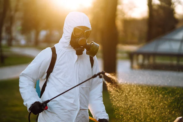 Disinfection of a public place at dawn in the city of quarantine. Infection prevention and control of epidemic. Covid -19.